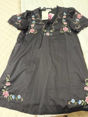Embroidered Black Dress with Floral Detail